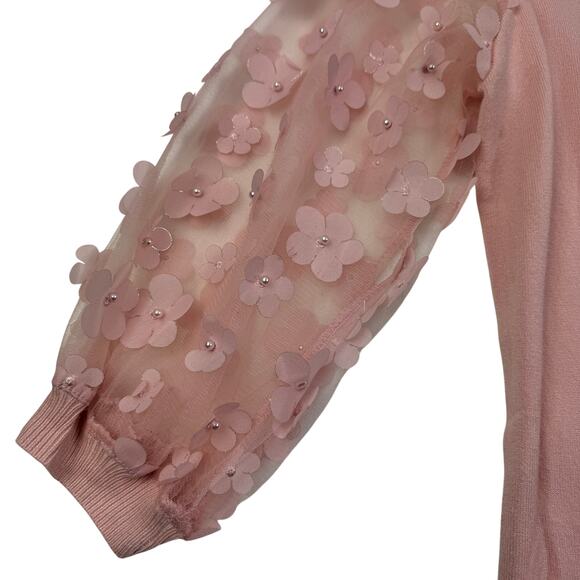 Sioni Blush Pink Lightweight Mesh Sleeve Flower Applique Sweater Women's Size L - Picture 2 of 6